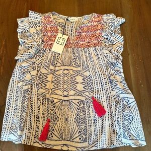 NWT THML Mykonos embroidered flutter sleeve blouse size small